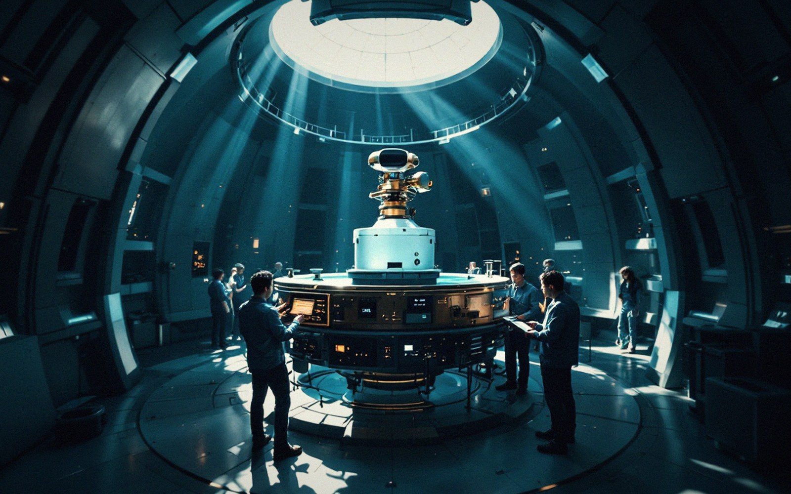 An observatory transit instrument in its housing, aligned north, shafts of daylight